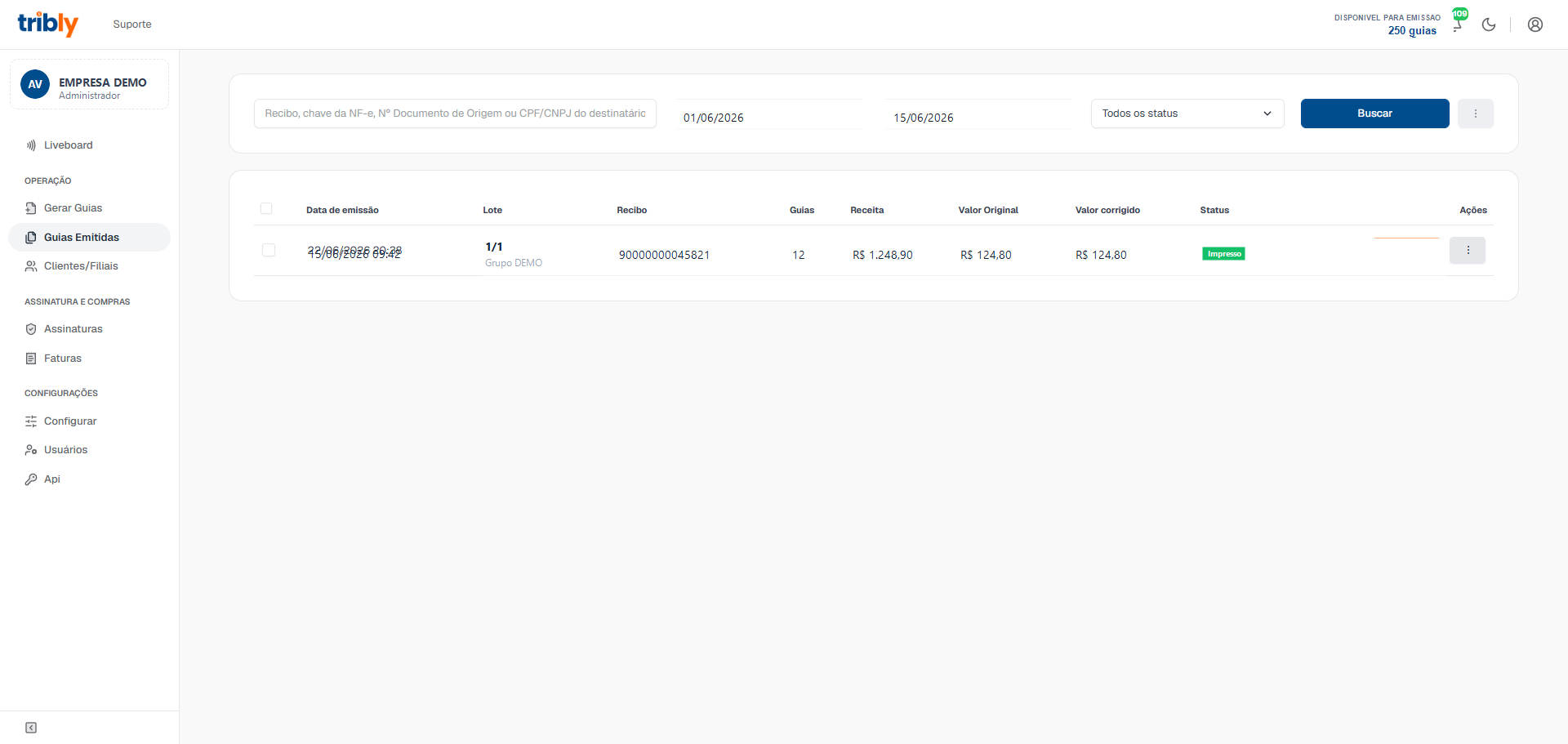 Tela de guias emitidas com filtros e download